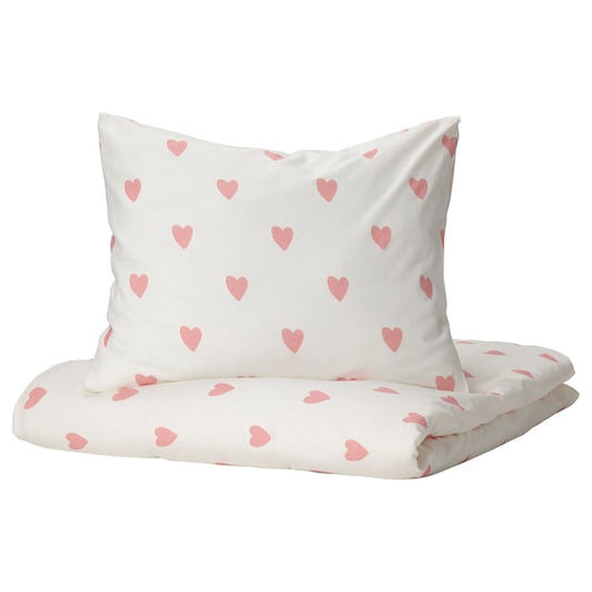 Duvet Cover & Pillowcase (Heart Pattern, White/Pink, 150x200/50x80 cm)